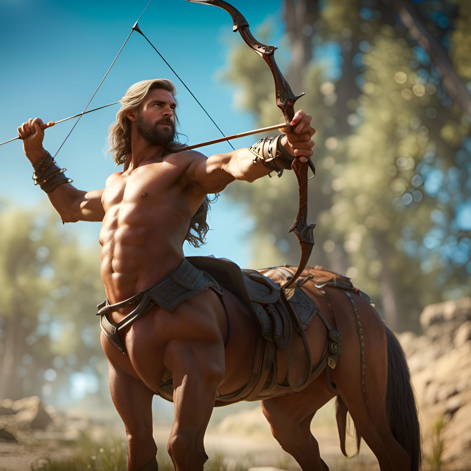 Chiron mythical centaur archer by Greg Rutkowski and Daniel Dociu, 16k resolution, 8k resolution, Rim Lighting, photo re...