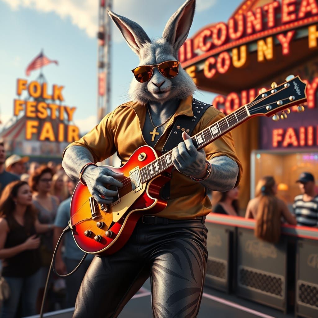 Muscular Gray Rabbit-Man Rockstar with Gibson Guitar at Coun...