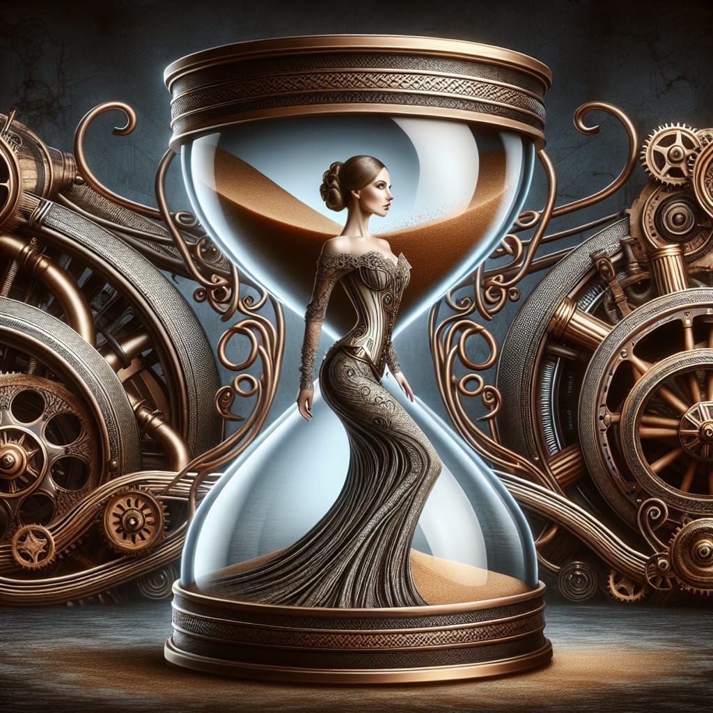 Victorian Woman Merged with Steampunk Hourglass