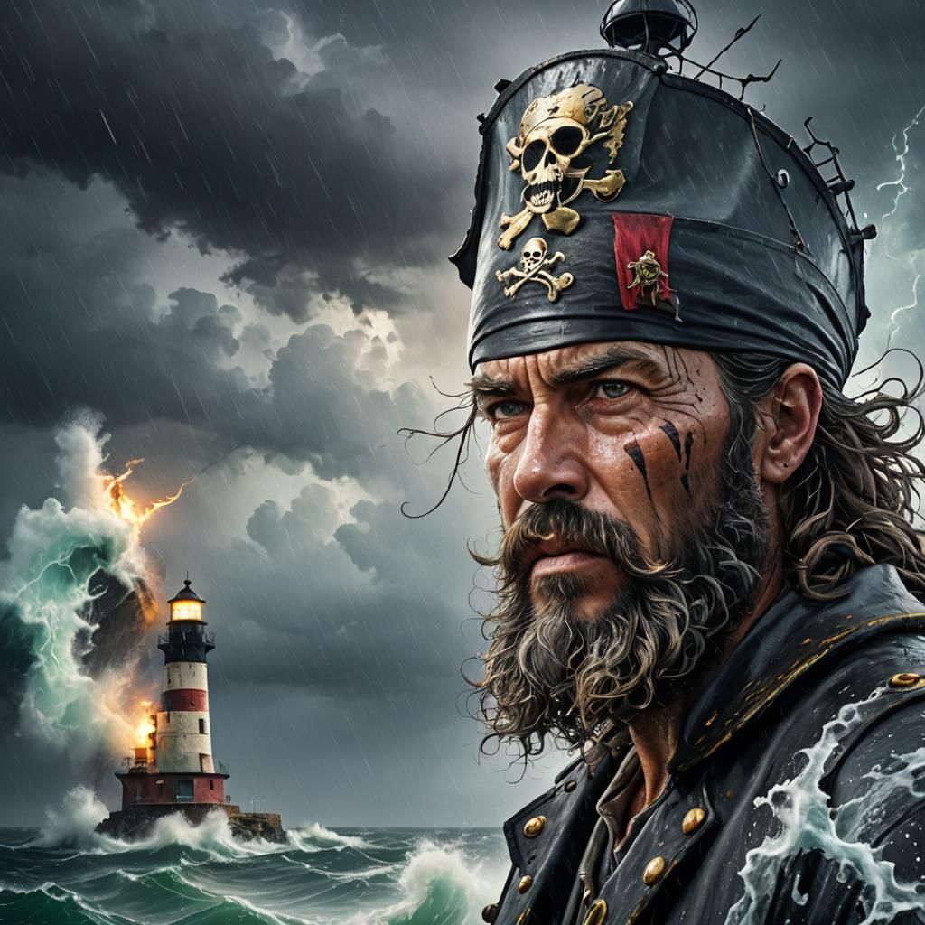 Pirate and Lighthouse in Storm, Hyperrealistic Art