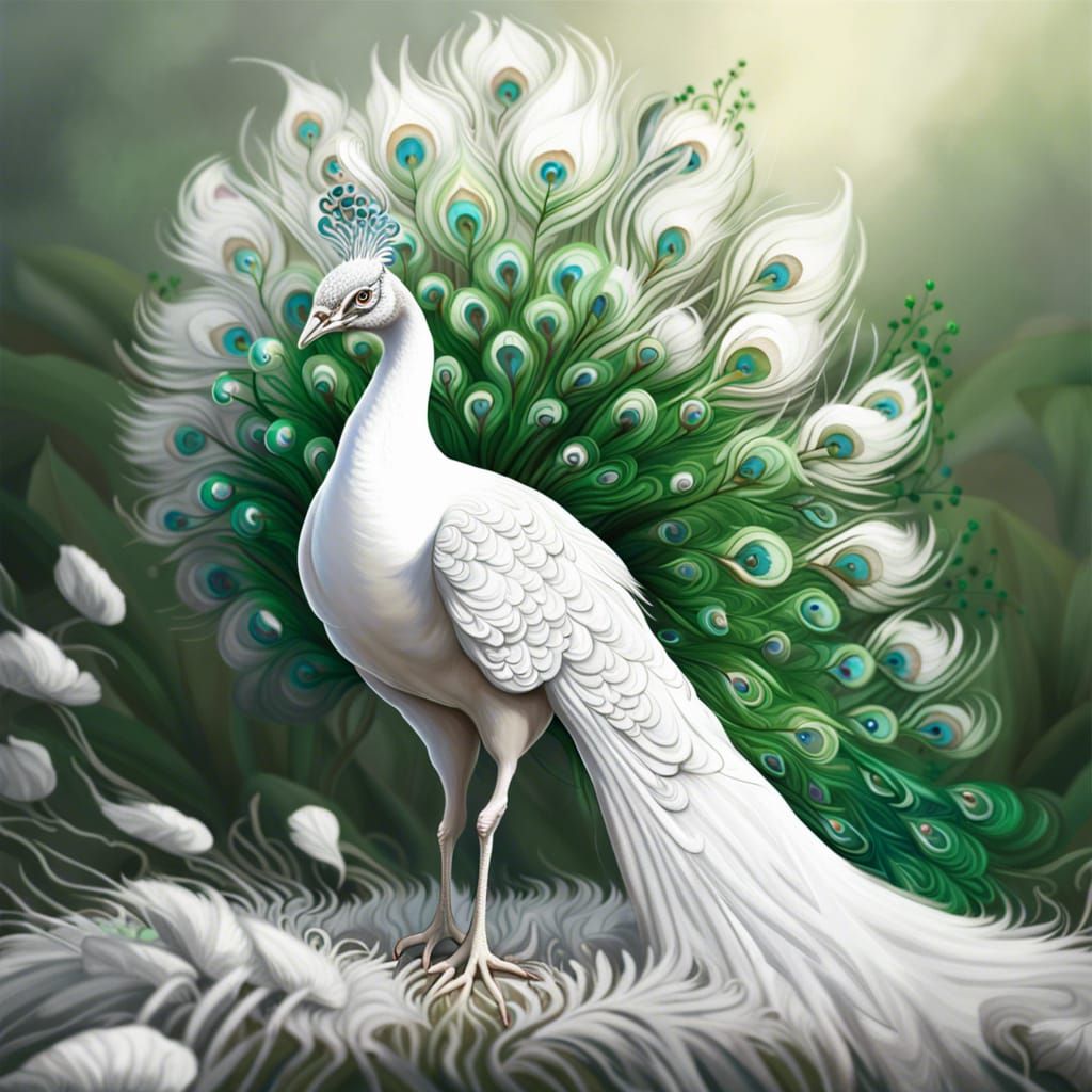 Ornate White Peacock in Green Field: Digital Painting