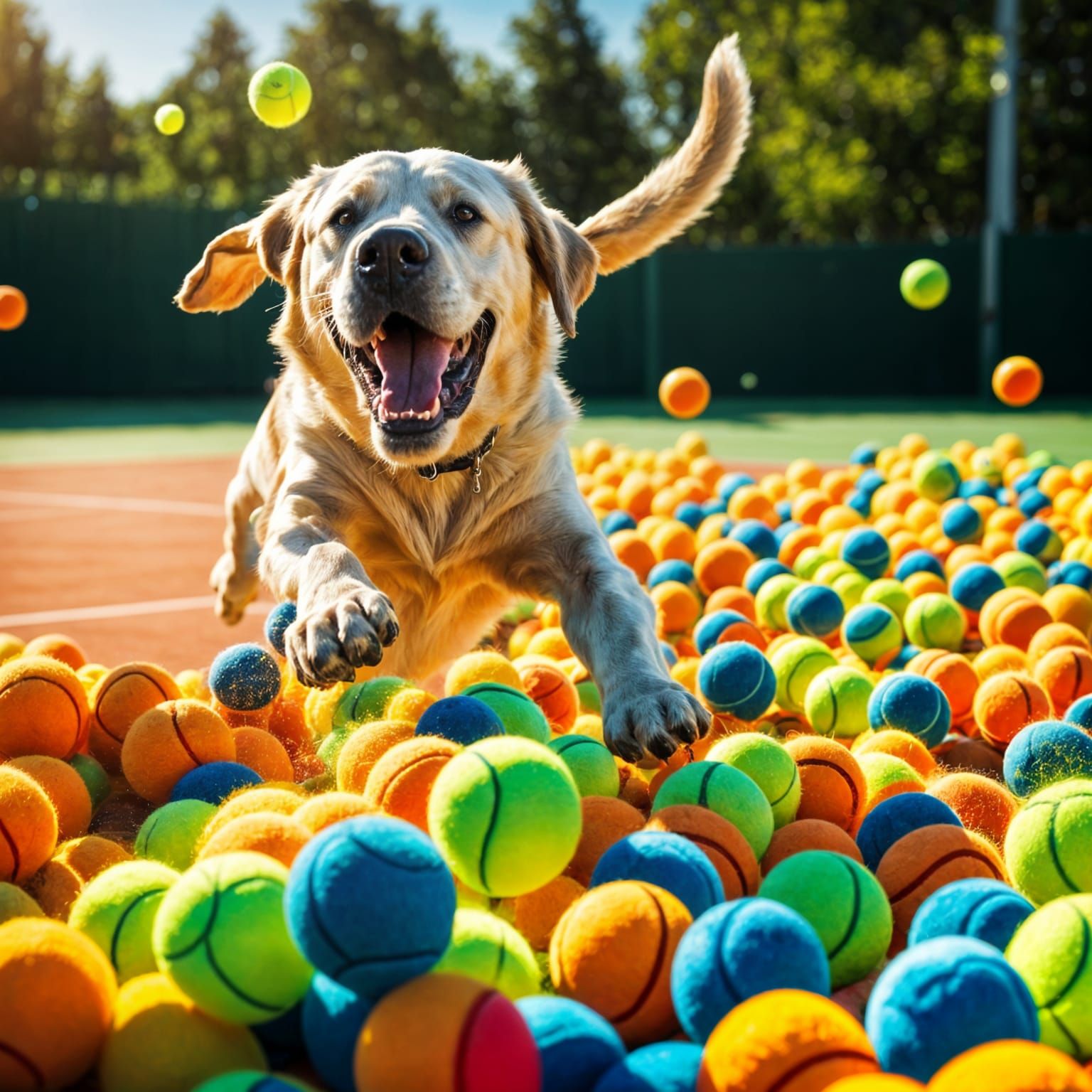 Labrador Dog Catches Tennis Balls on Court