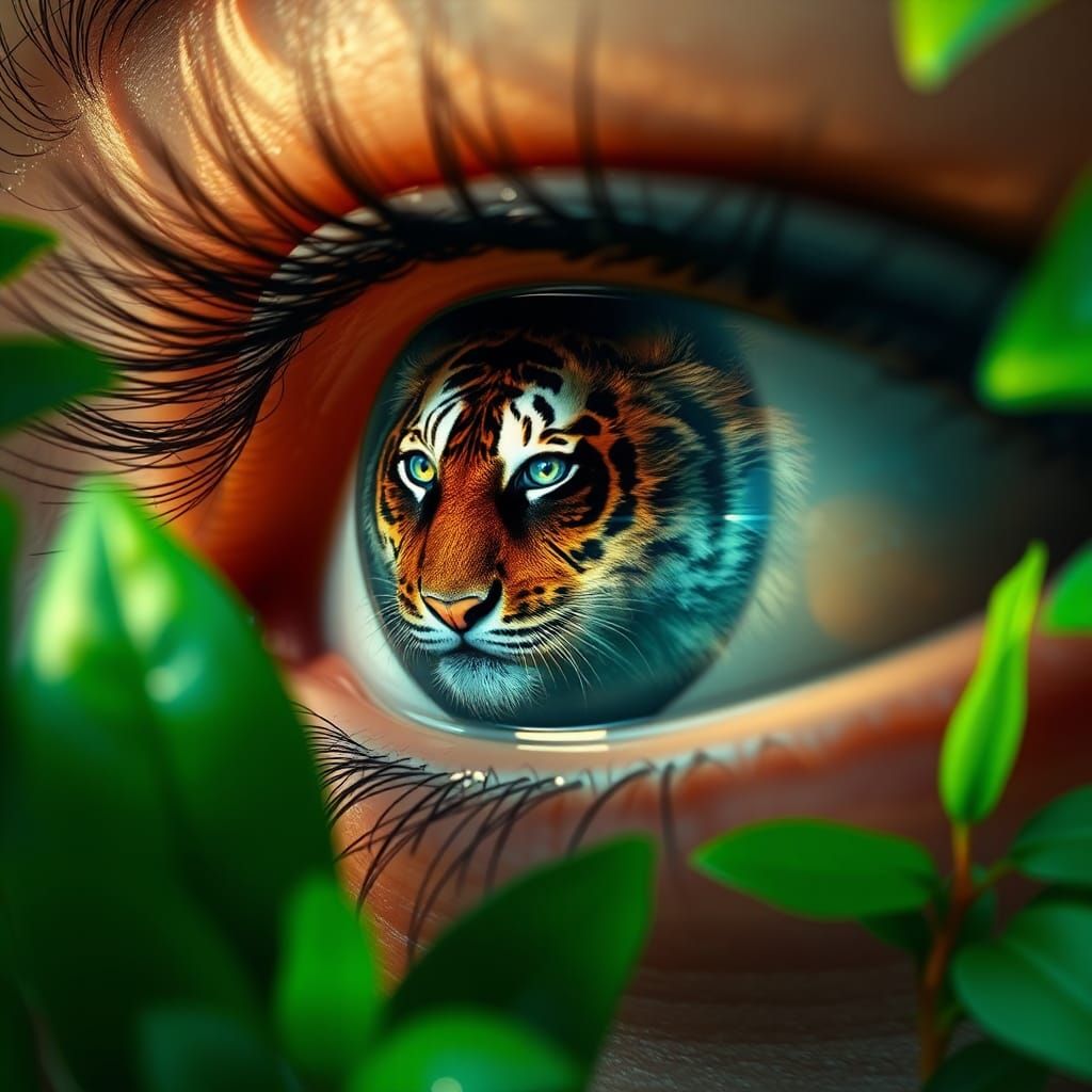 Tiger Reflection in Eye Amid Lush Jungle