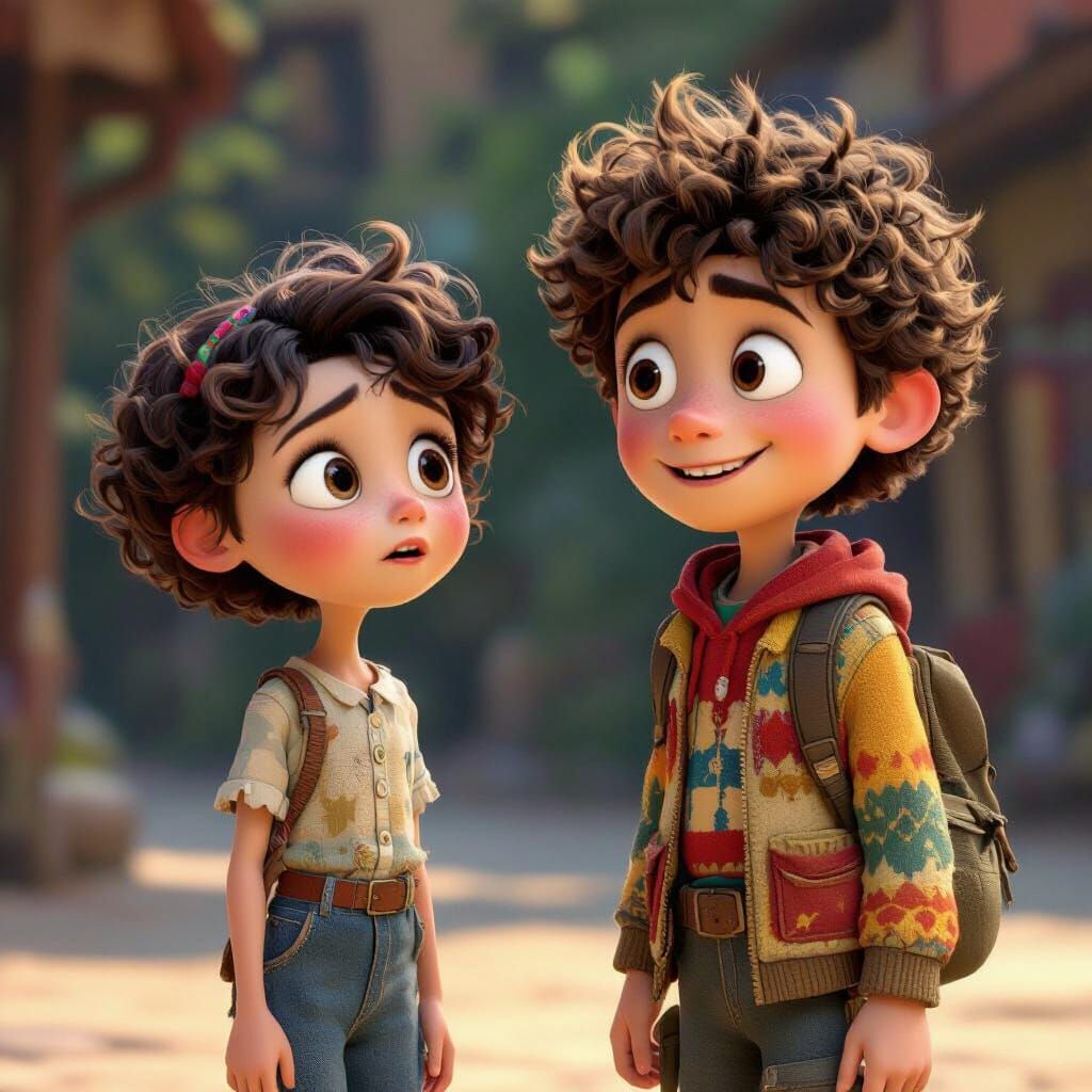 Kind Boy Helps Traveler: 3D Pixar-Style Scene
