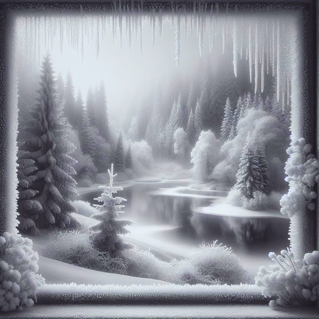 Winter Wonderland Scene through Frosty Window