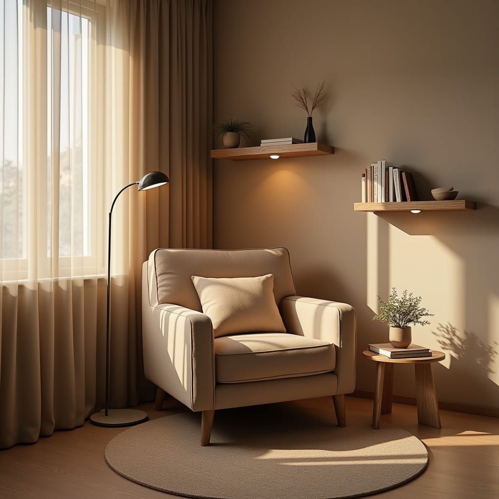 Cozy Scandinavian Reading Nook in Warm Beige