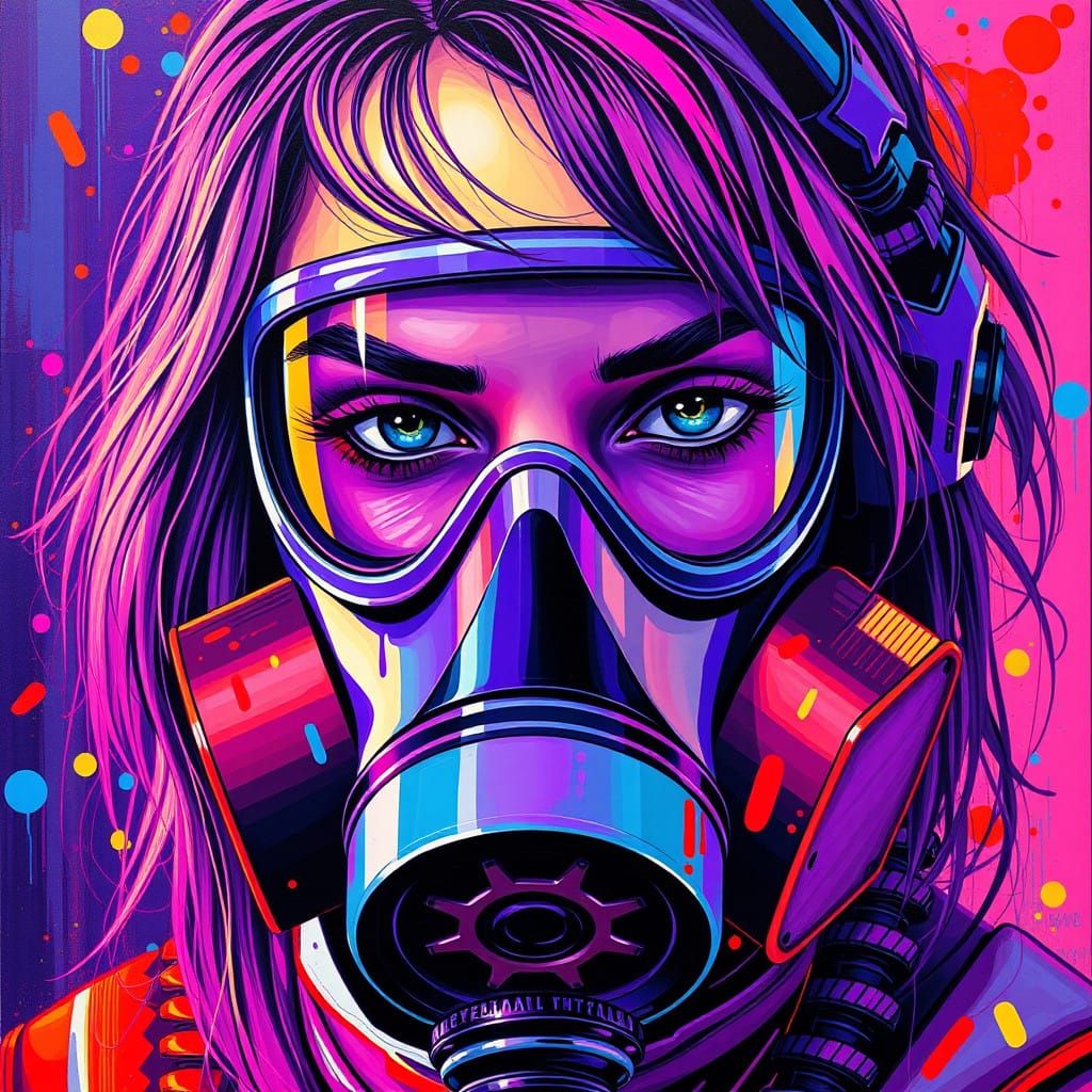 Cyberpunk Woman in Vibrant Purple Dress with Gas Mask, a Pho...