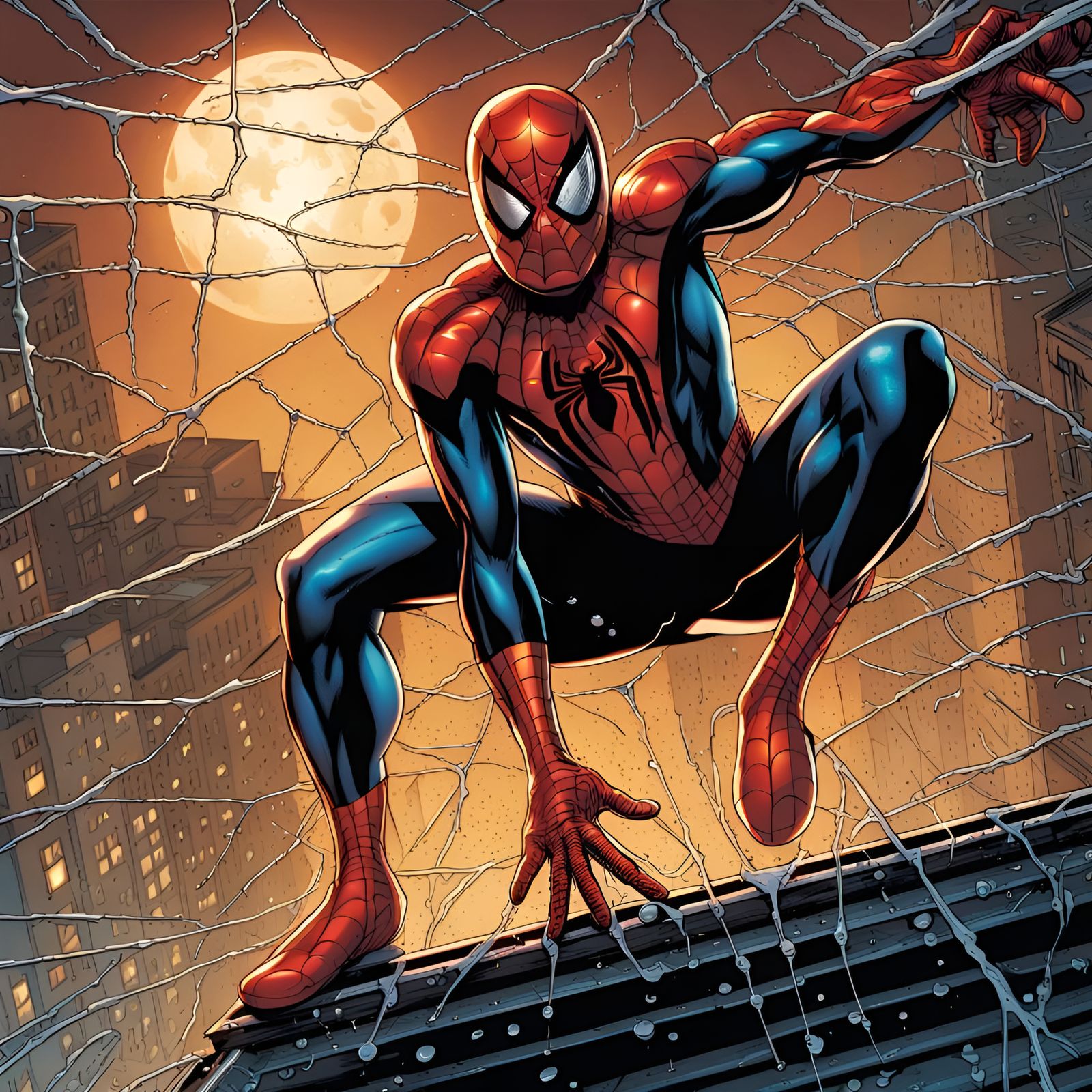 full moon lit epic scene of spider man caught in a wet fine spider web. city in fire background