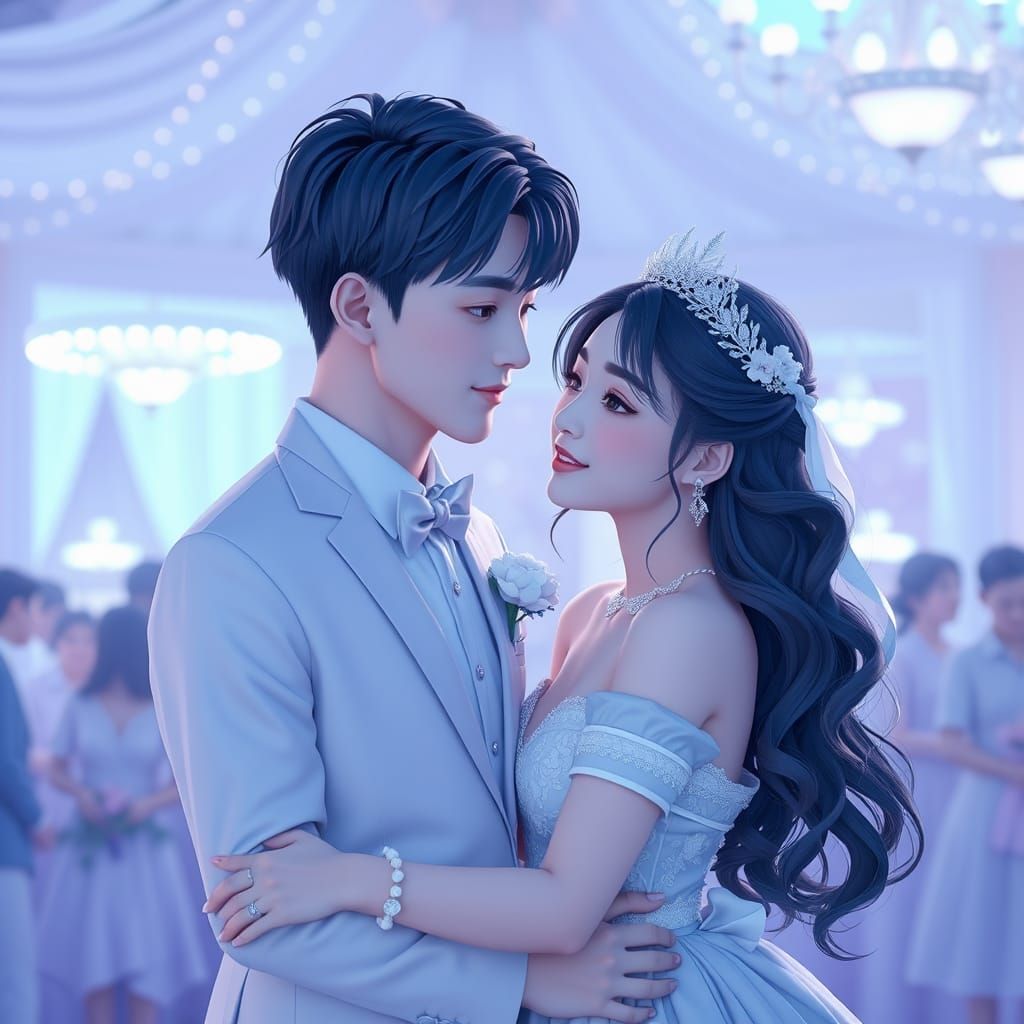 Soft Pastel Monochrome Prom Scene in 3D Anime Style