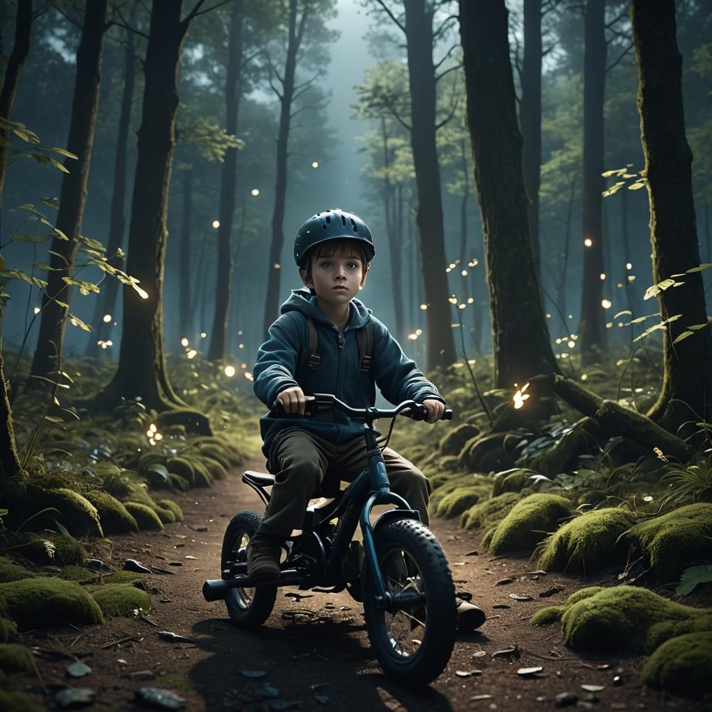 Eerie Forest: Child on Tricycle in Film Noir