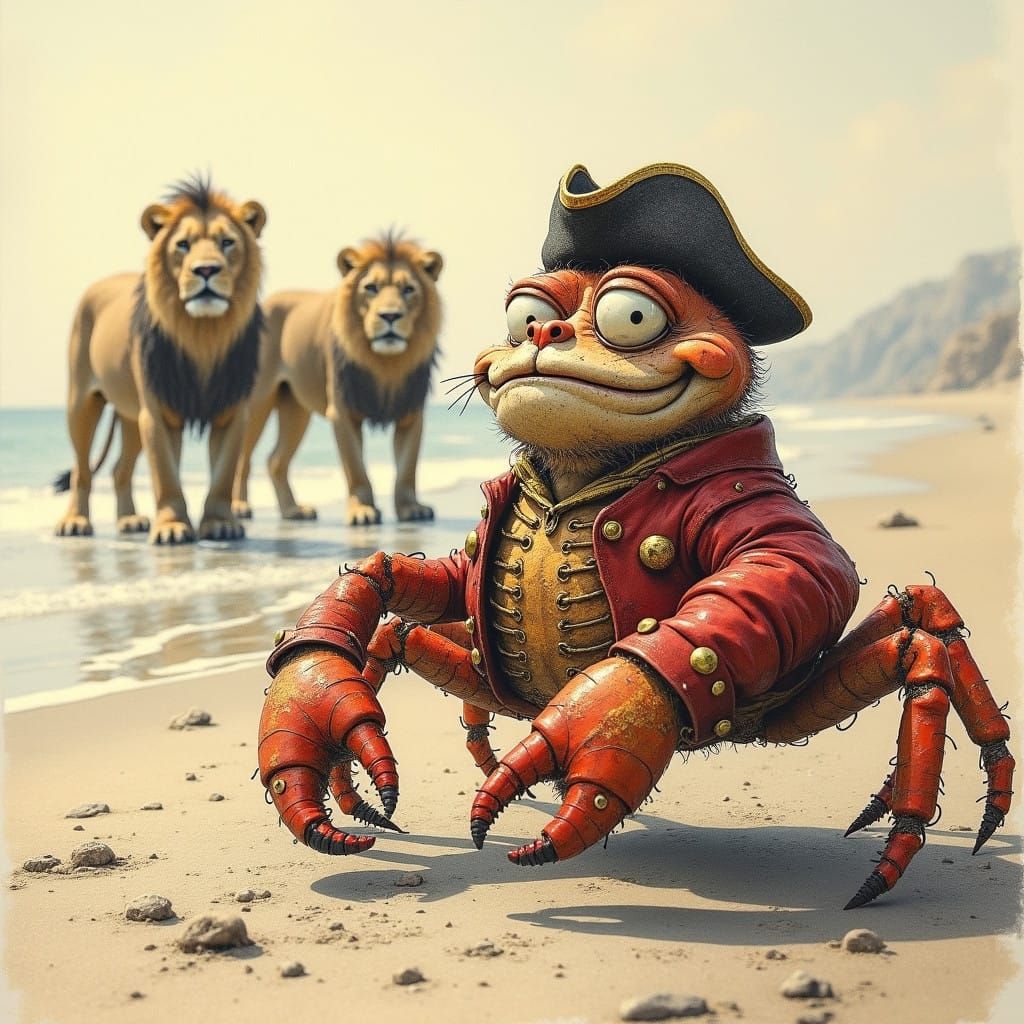 Whimsical Crab in Waistcoat Confronts Lions on Beach in Expr...