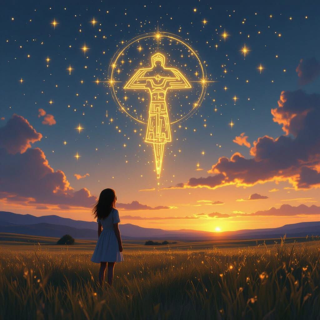 Girl Gazes at Celestial Nazca Lines in Ethereal Meadow