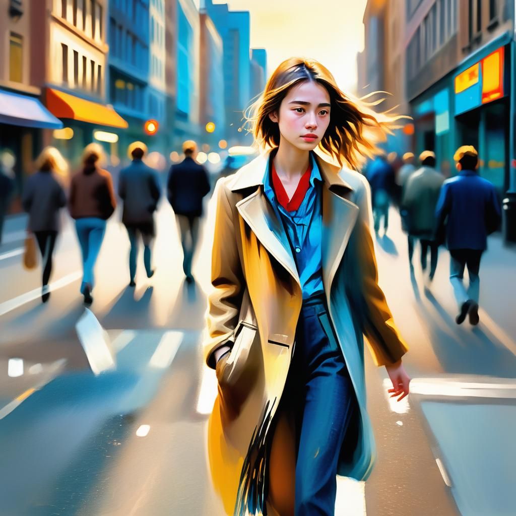 Impressionistic Woman on Busy Street with Soft Light