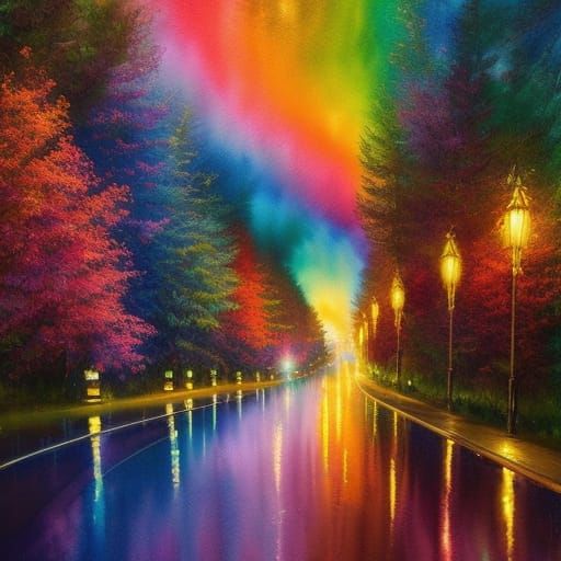 Rainbow Road Tunnel: Vivid Watercolor Painting