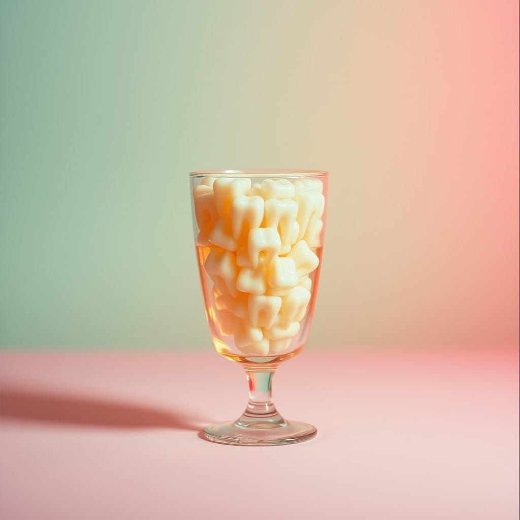 Surreal Cocktail Glass Overflowing with Teeth on a Pastel Ba...