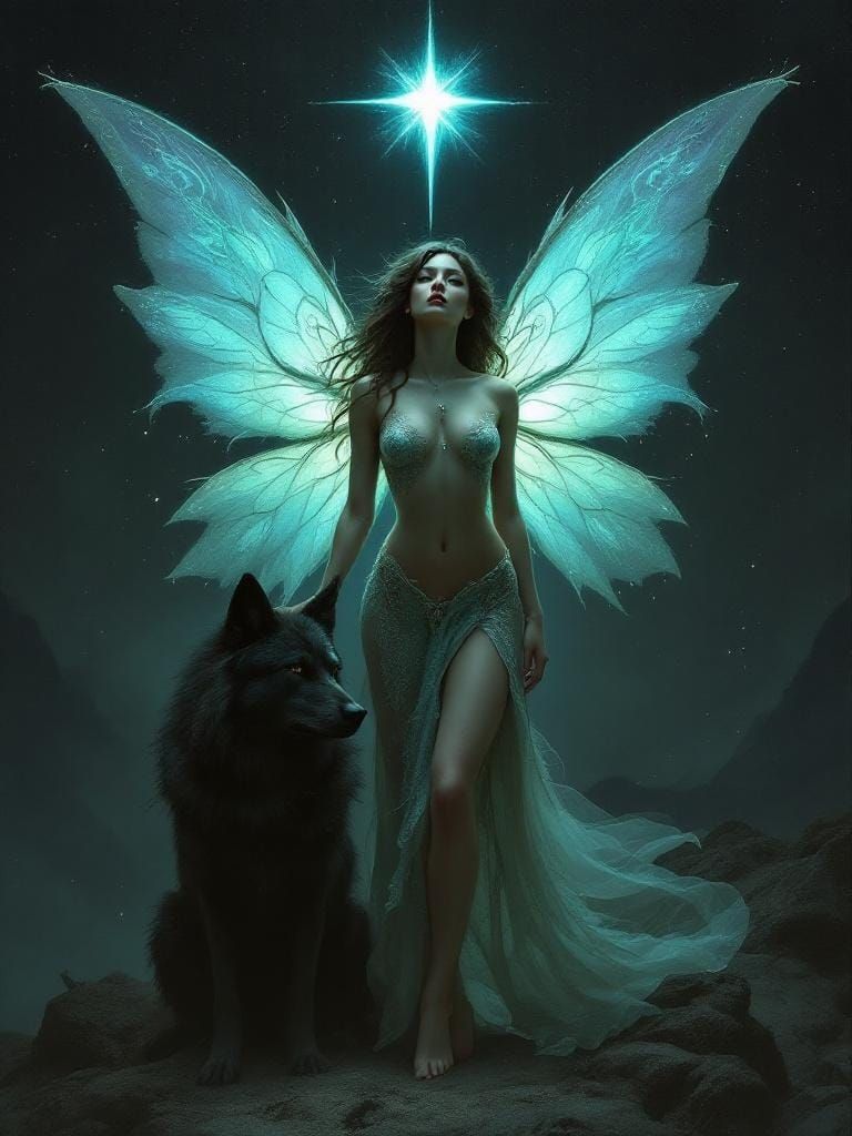 Luminescent Fairy and Black Wolf in Ethereal Style