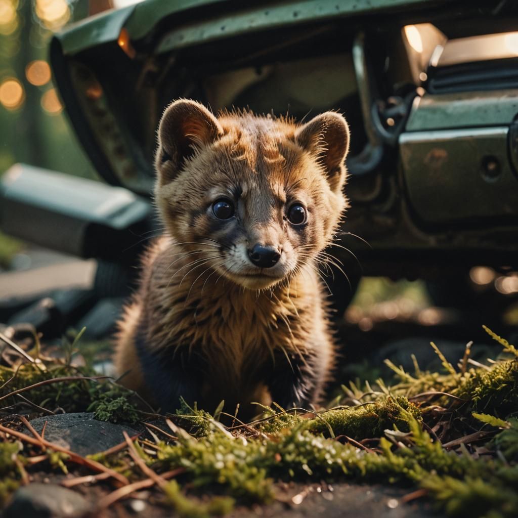 Marten Peeks Out From Car Hood: Cinematic Still
