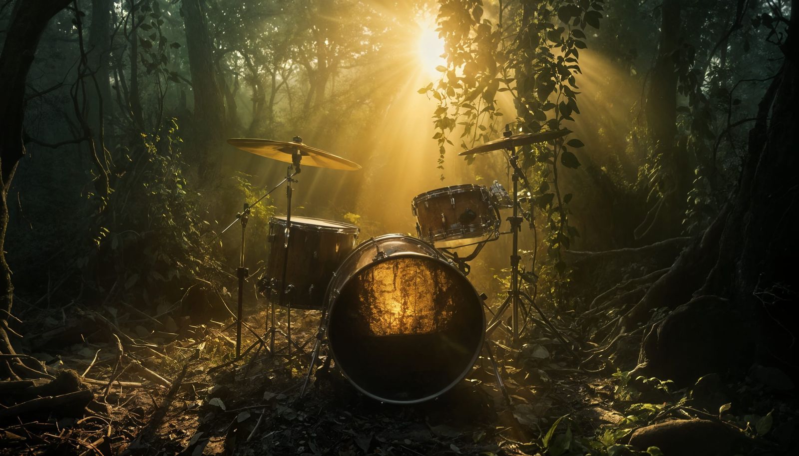 Abandoned Drumkit in Forest Clearing at Golden Hour