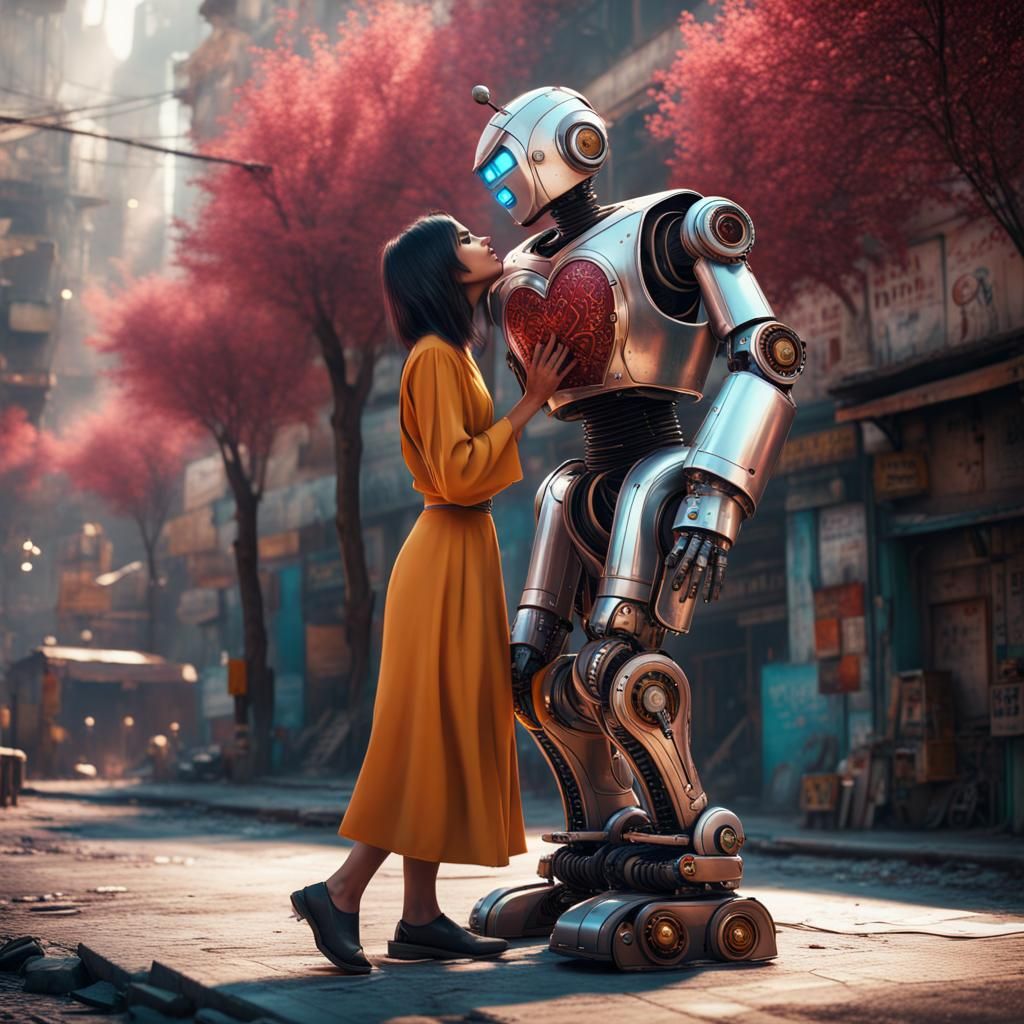 Robot Kissing Girl in Teheran: Fantasy Concept Art