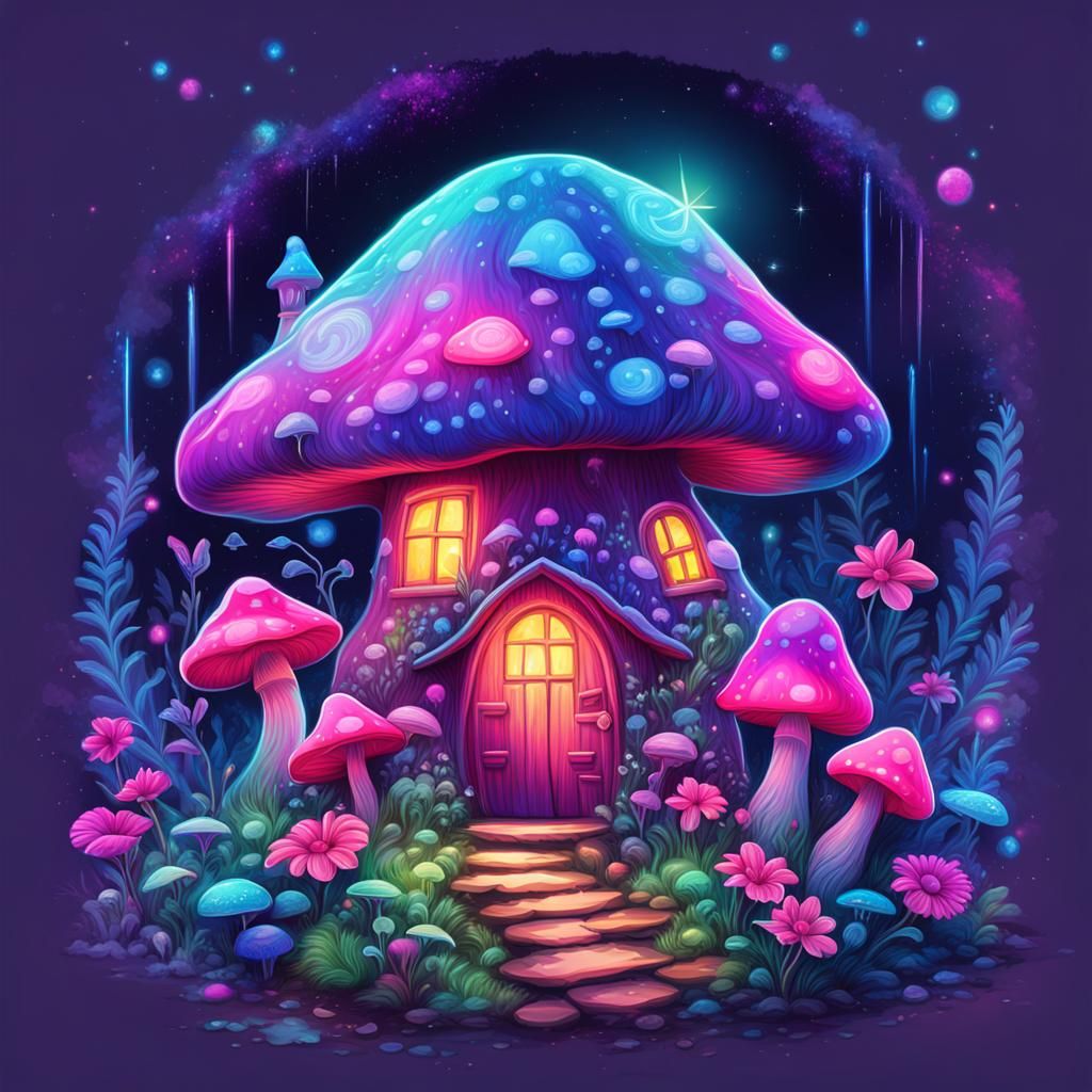 Neon Fairy Gnome Mushroom House in Cosmic Style