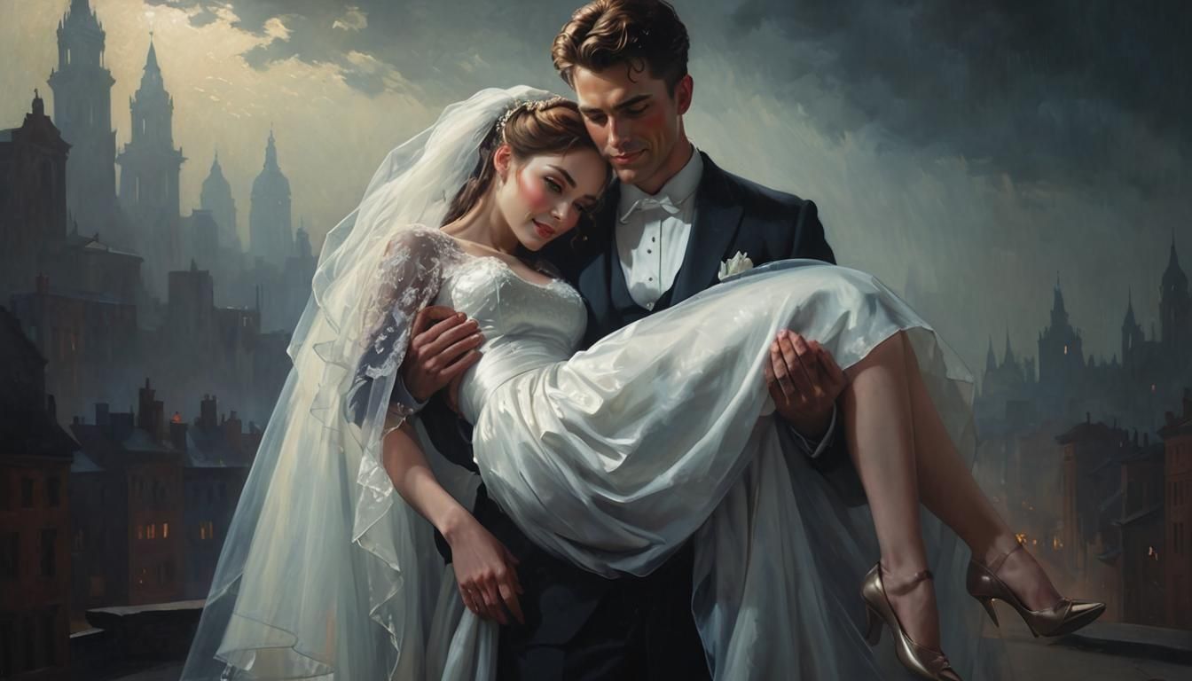 Soldier Carries Bride in Noir Sunset Painting
