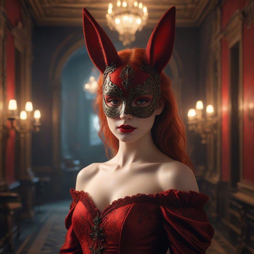 Gothic Oil Painting of a Redhead in a Velvet Rabbit Mask