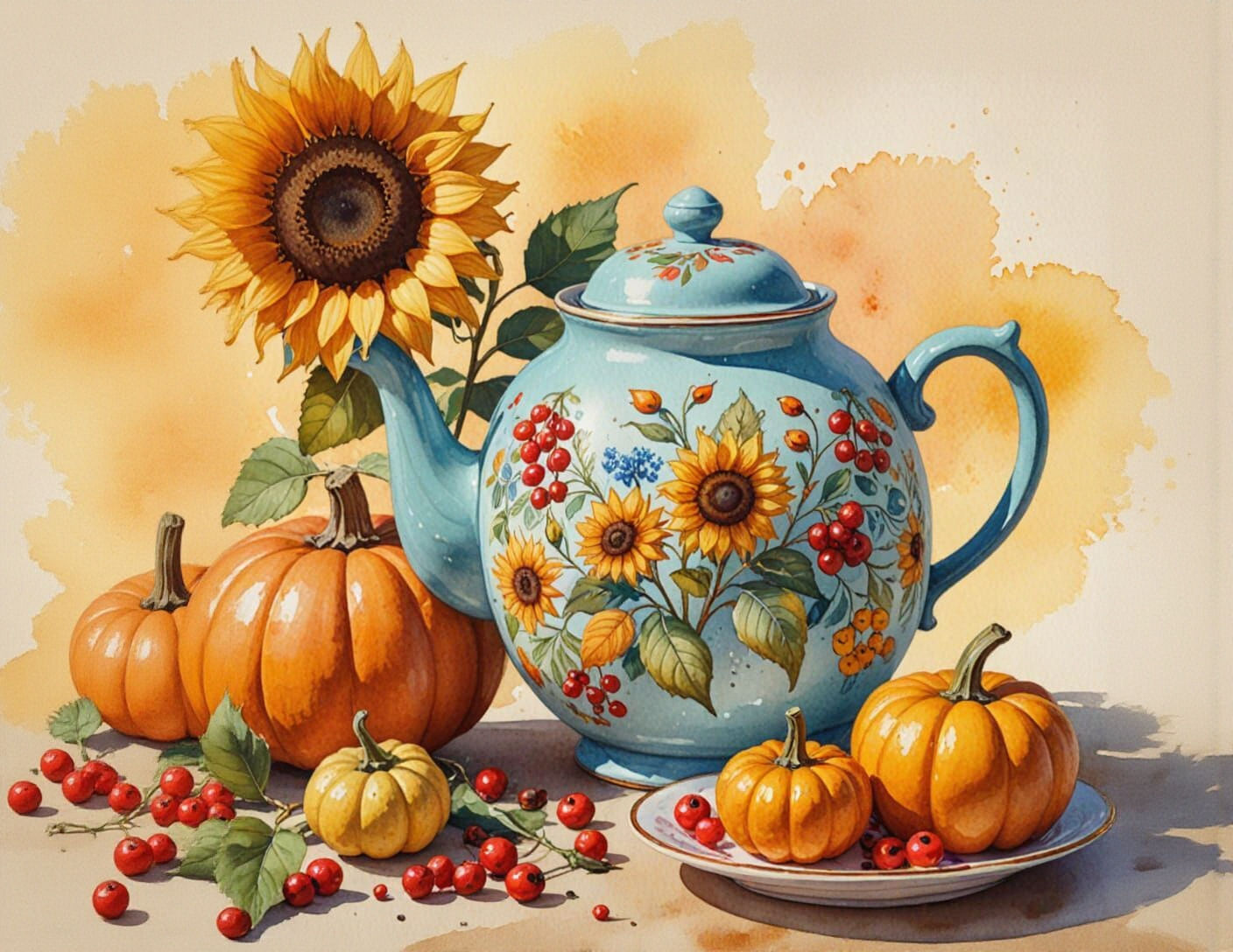 Autumn Sketch: Teapot, Sunflower, Pumpkin & Rowan Berries