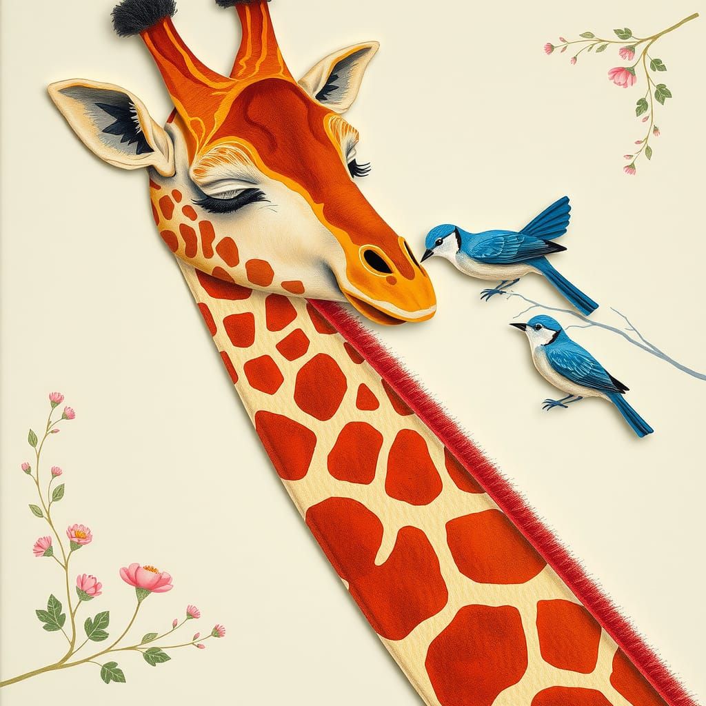 Giraffe and Bluebird Paper Collage in Folk Art Style