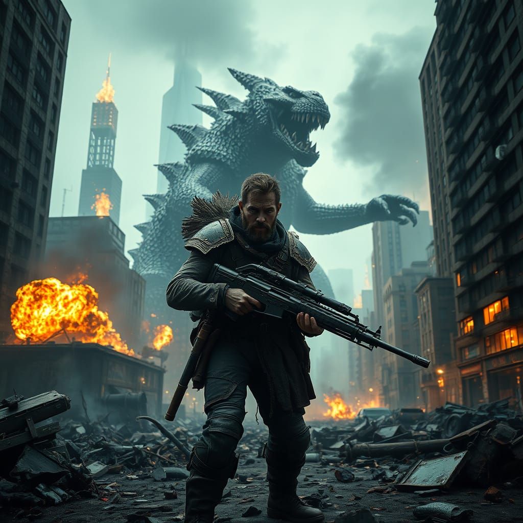 Epic Monster Hunter Battles Behemoth in Ruined Cityscape, in...