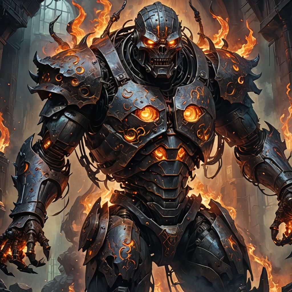 Four-Armed Iron Golem in Dark Fantasy Art