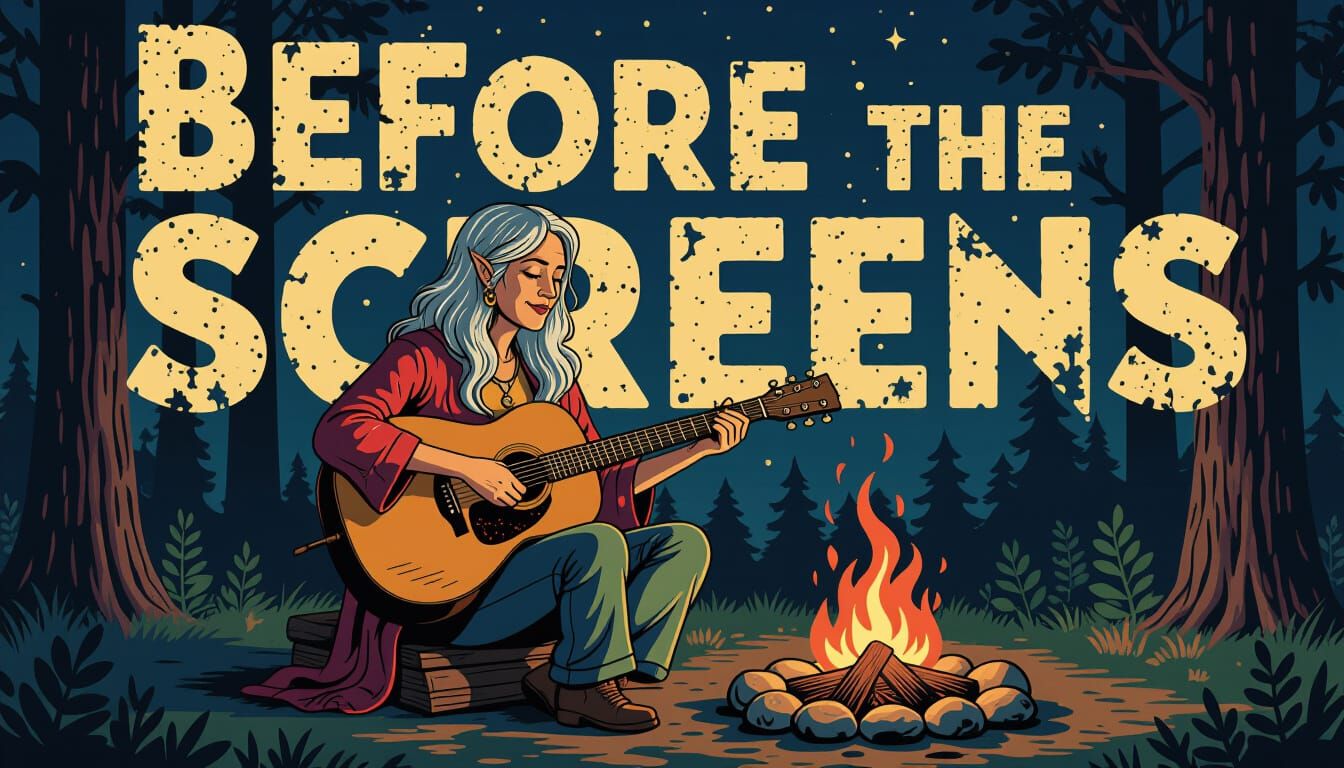 Fairy Hippie Woman Playing Guitar by Campfire