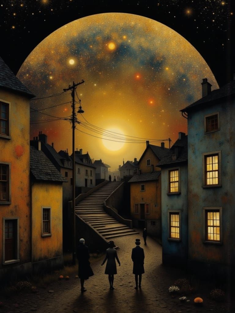 Surreal Dreamscape with Golden Sunset and Winding Staircase