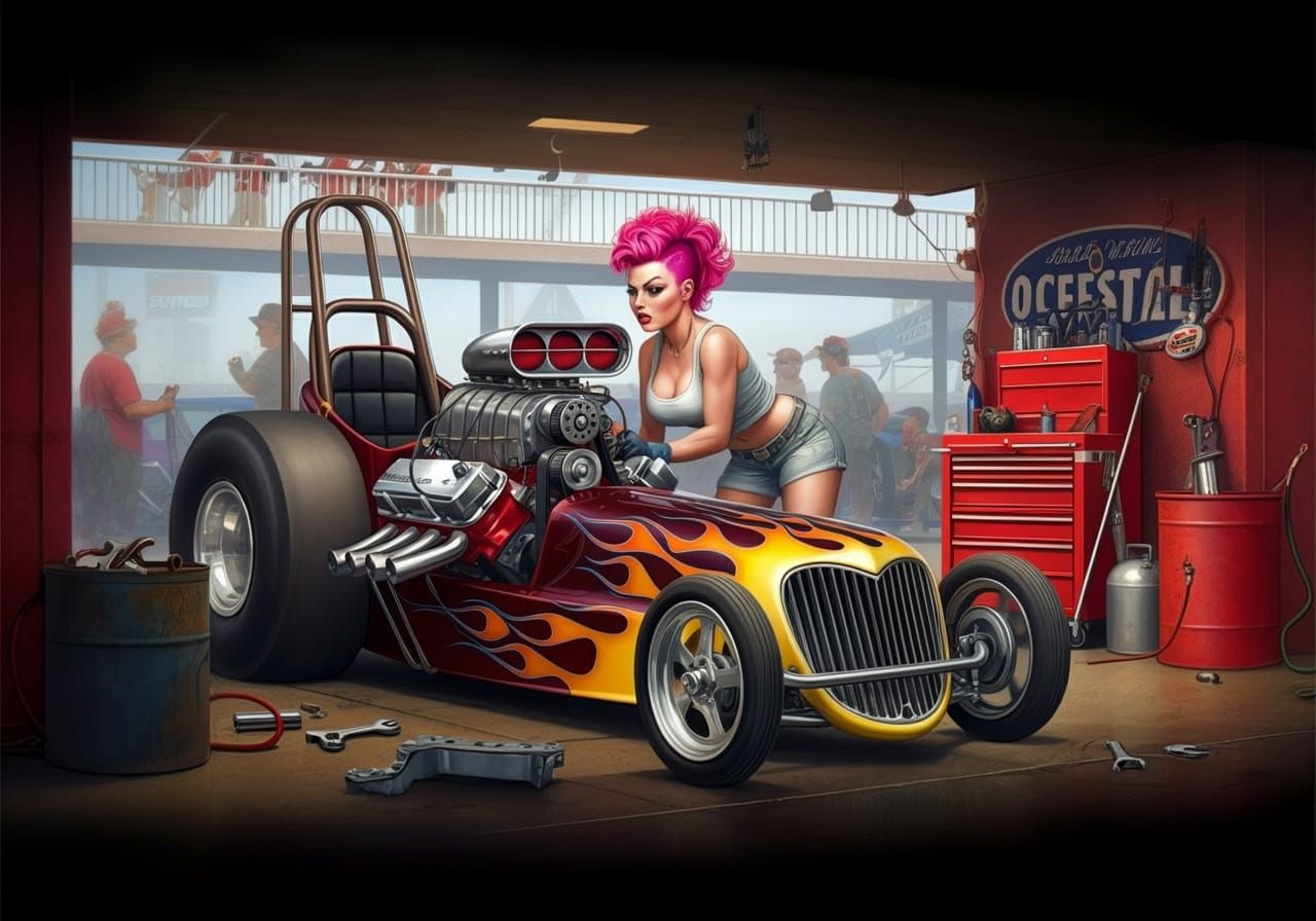 Female Mechanic Working on Dragster in Hot Rod Art Style