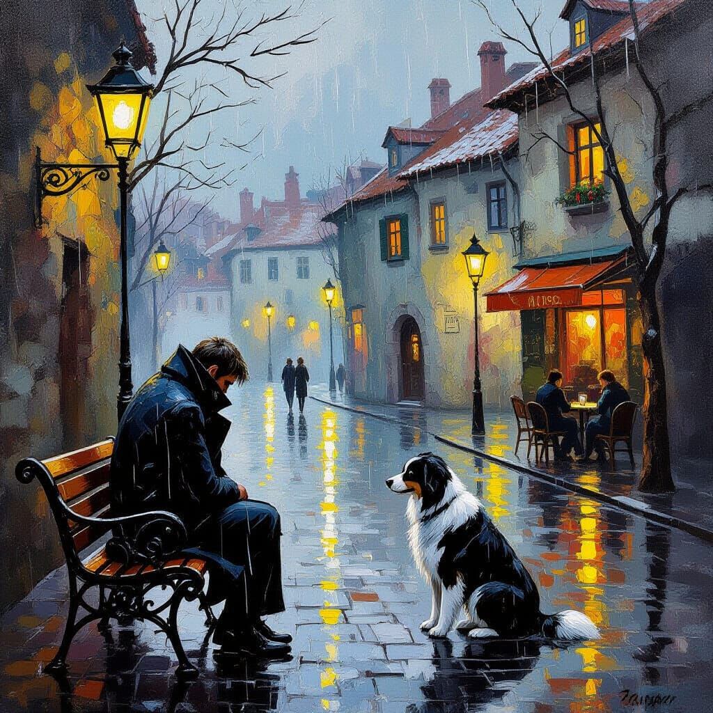 Melancholy Rainstorm Scene: Man, Dog, and Old Town