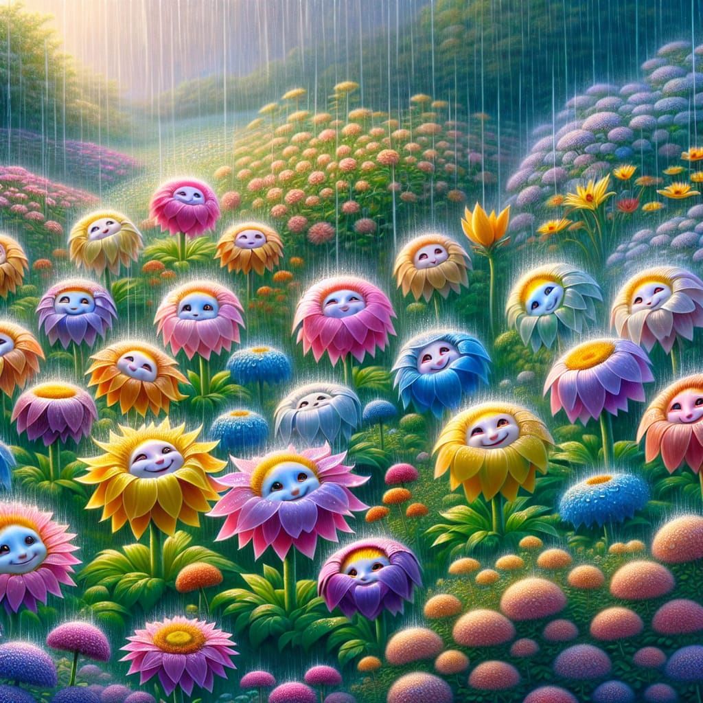Anthropomorphic Flowers Delight in a Gentle Rain Shower