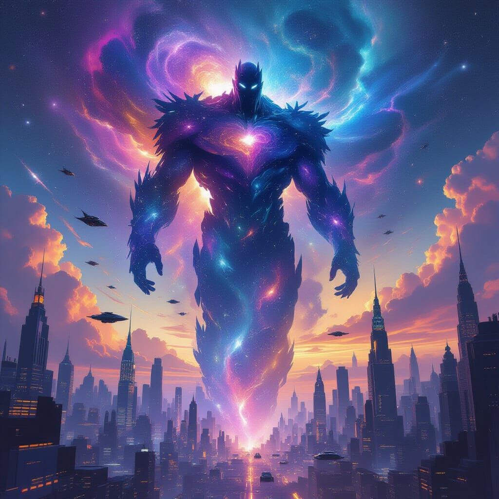 Celestial Being Descends on Futuristic Cityscape