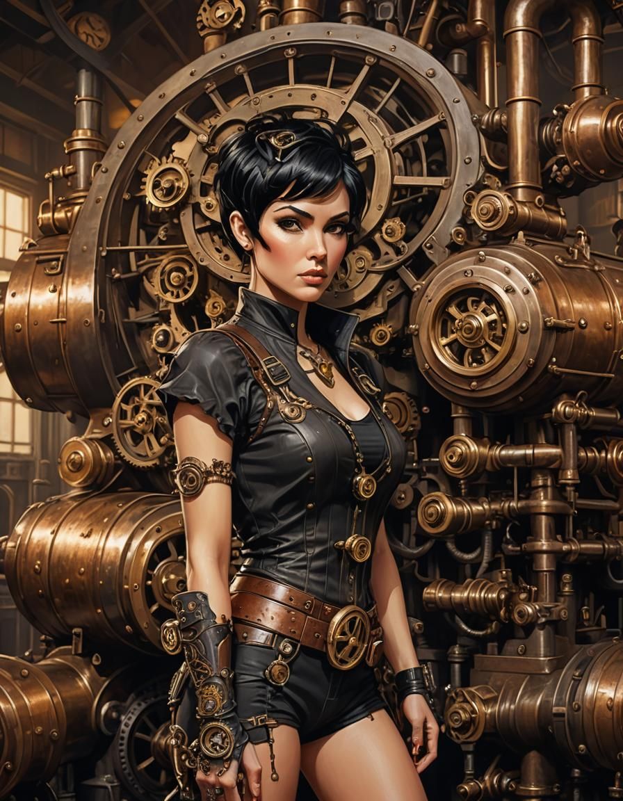 Black hair. Pixie haircut. Leggy. Bare midriff. Large nose. ...