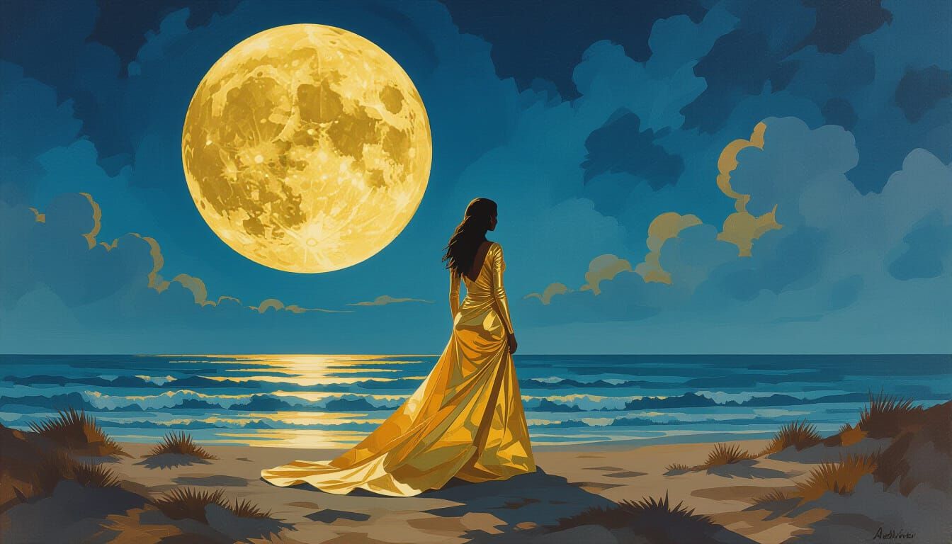 Molten Gold Woman Under Golden Moon, Gouache Style