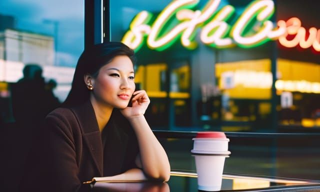 photography shot trough an outdoor window of a coffee shop with neon sign lighting, window glares and reflections, depth...