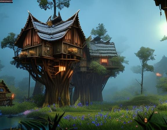 Enchanted Elven Treehouses in Forest Clearing