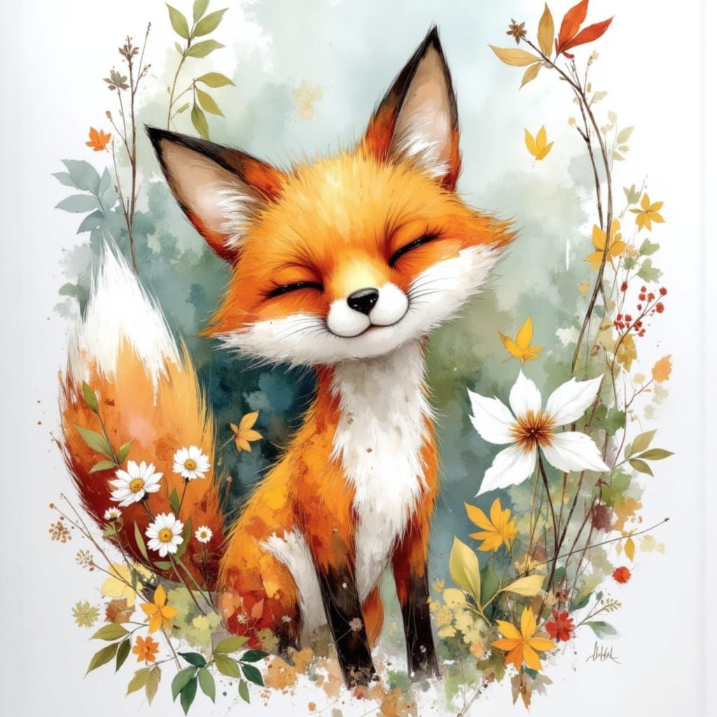 Playful Fox in Whimsical Mixed Media Style