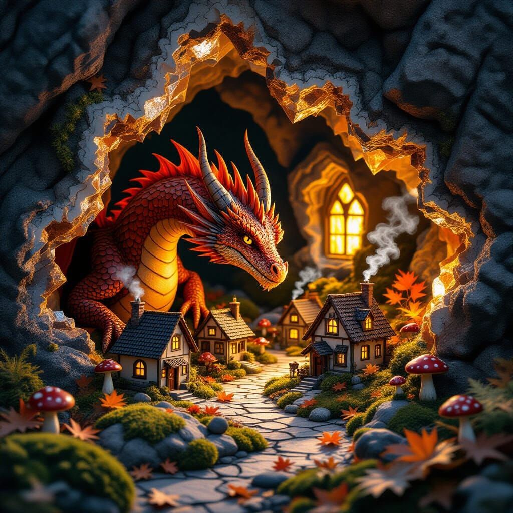 Dragon Inspects Autumn Village Inside Geode