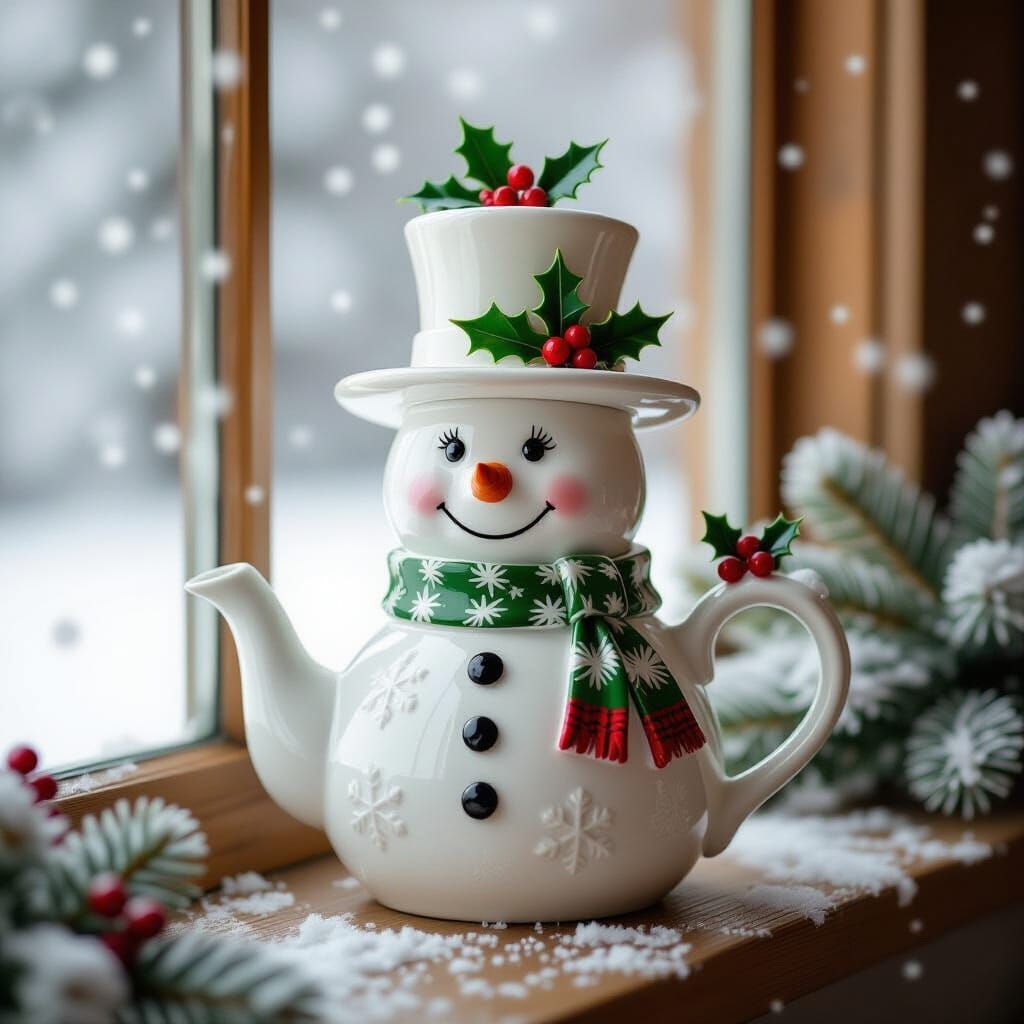 Whimsical Snowman Teapot in Festive Winter Scene