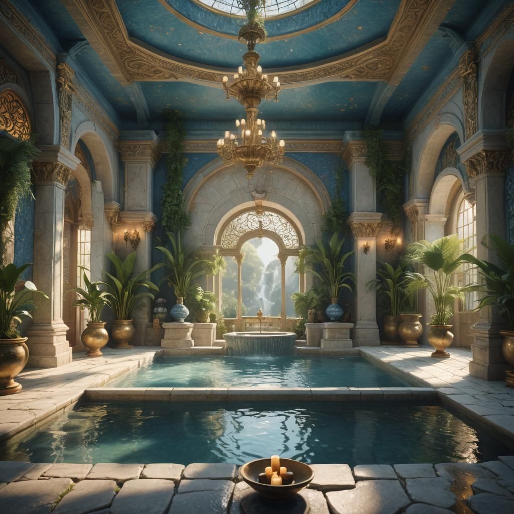 Serene Blue Spa Interior with Golden Light