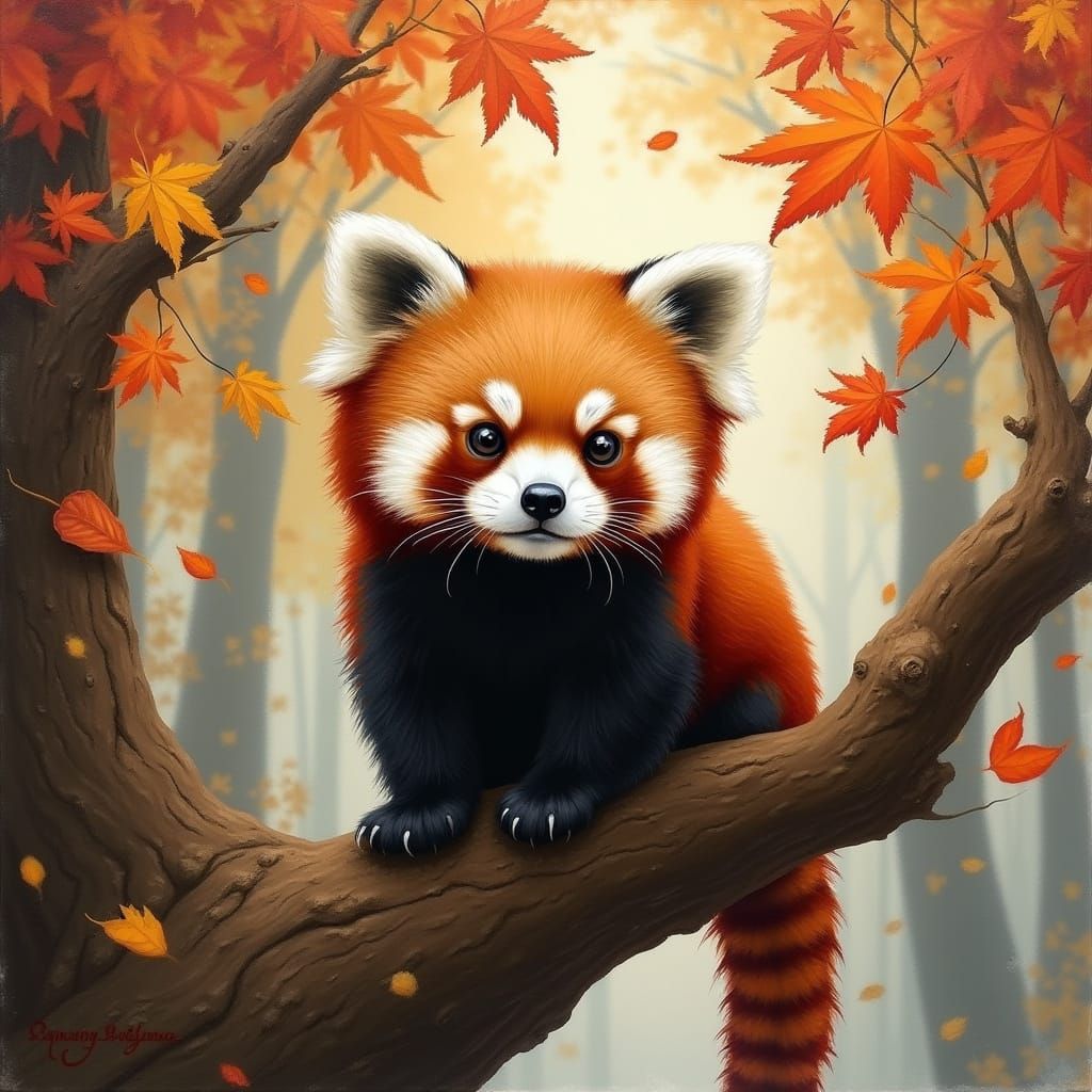 Red Panda in Autumn Leaves as Impressionistic Oil Painting