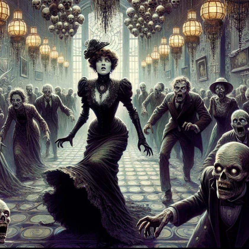 Terrified Woman in Chapel with Skulls, Art Deco