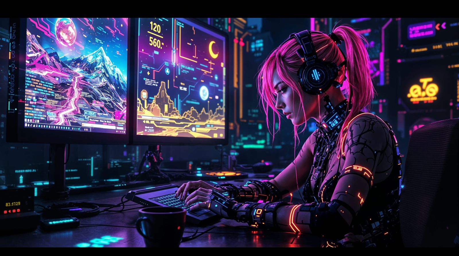 Rebellious Cyberpunk Hacker in Neon-Lit Digital Realm