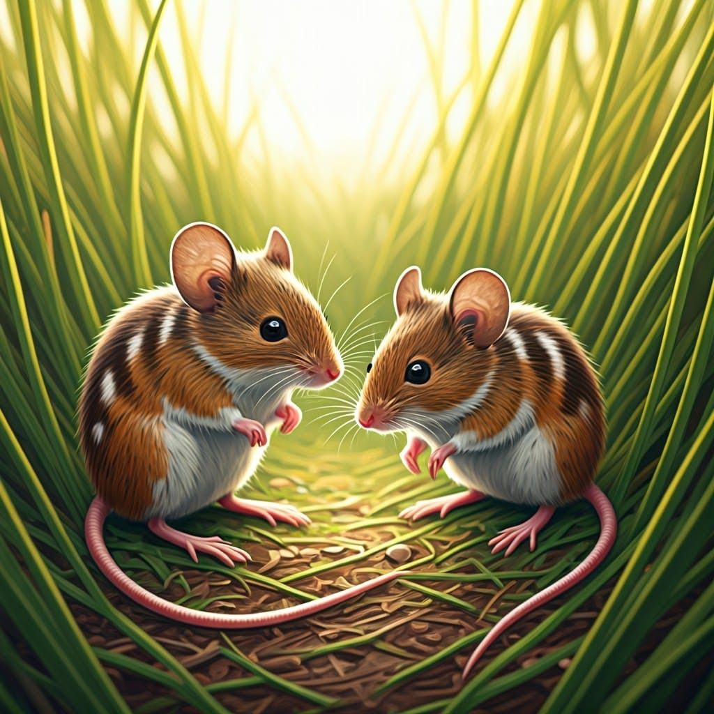 Striped Field Mice in Grassy Meadow: Watercolor Illustration