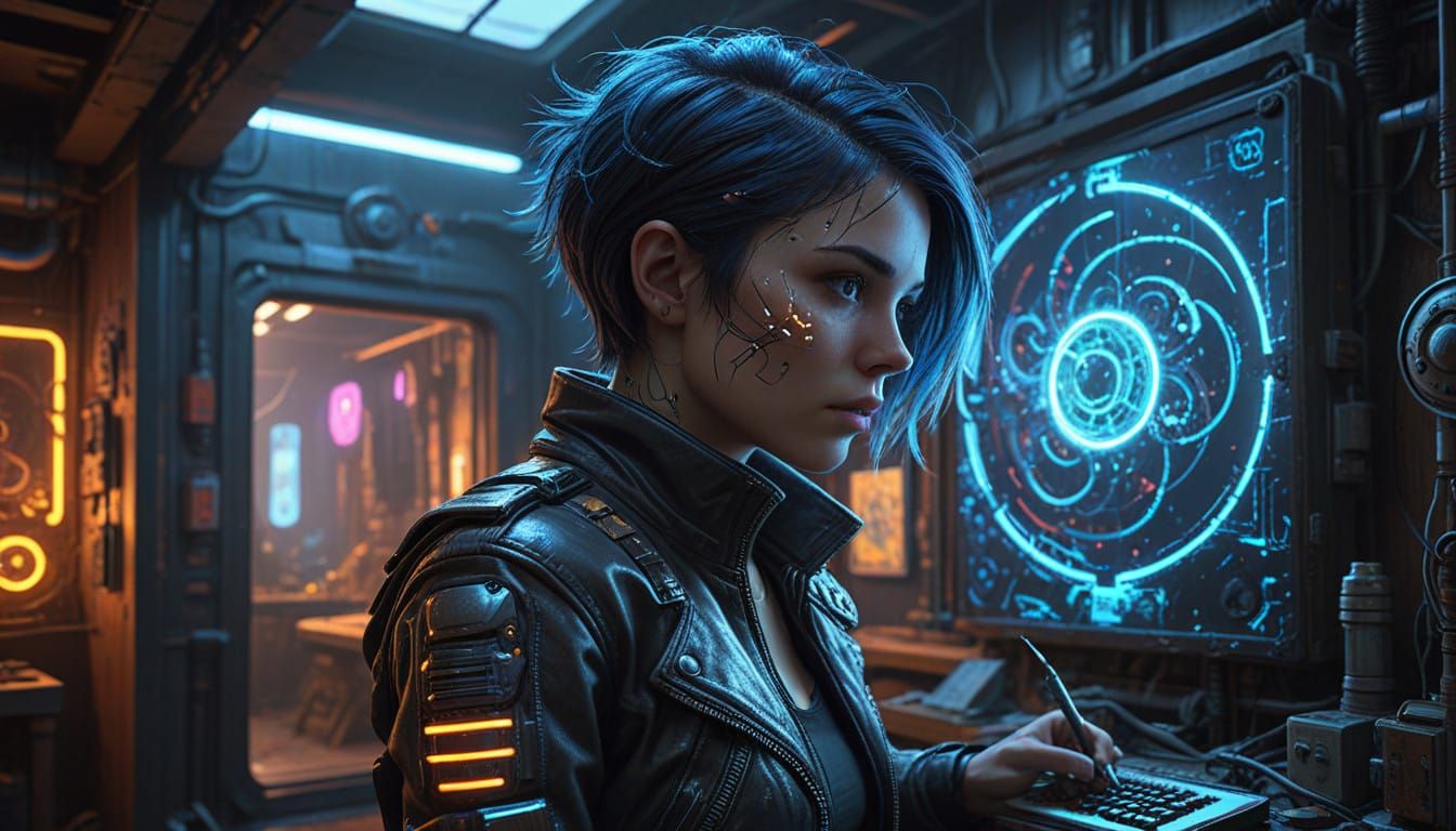 Glowing Cyborg Girl Paints Futuristic Canvas in Escher-Inspi...