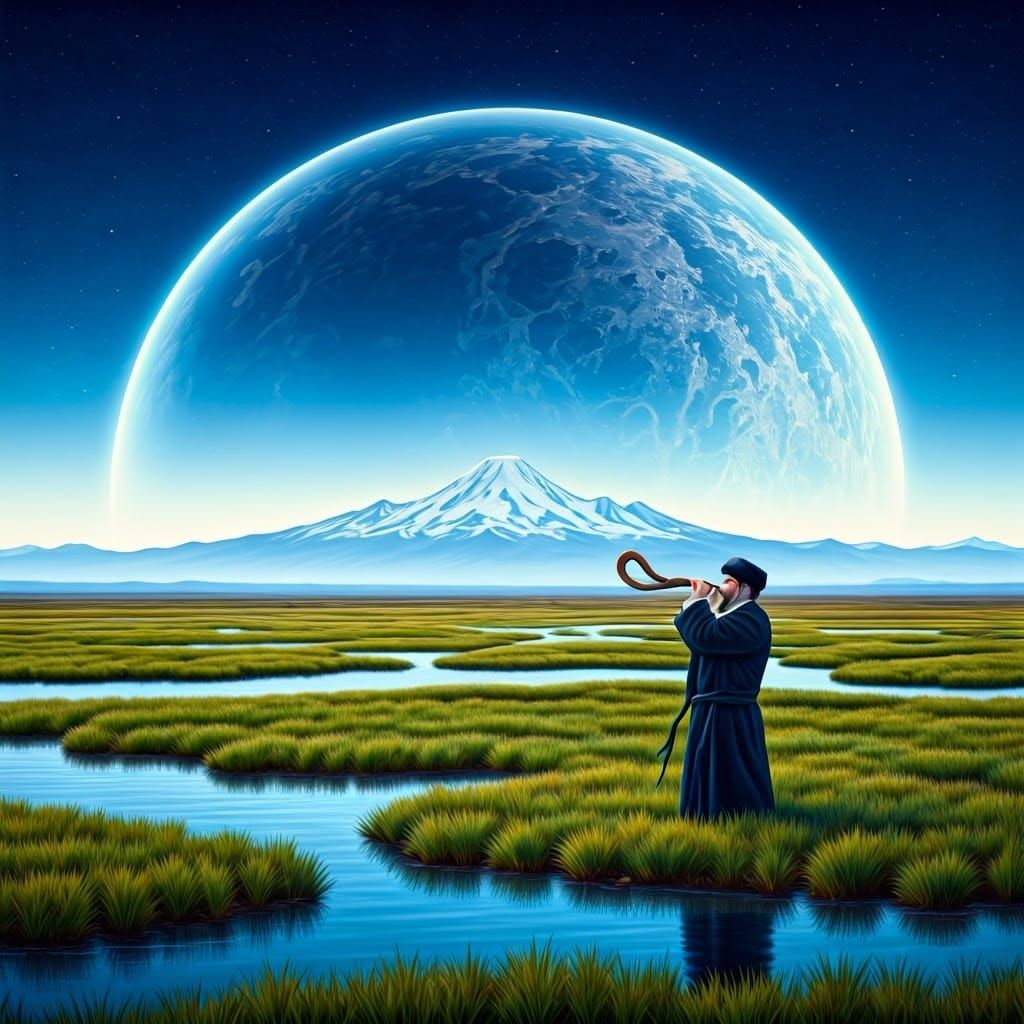 Reindeer, Shofar, and Snowy Mountain: Cosmic Illustration